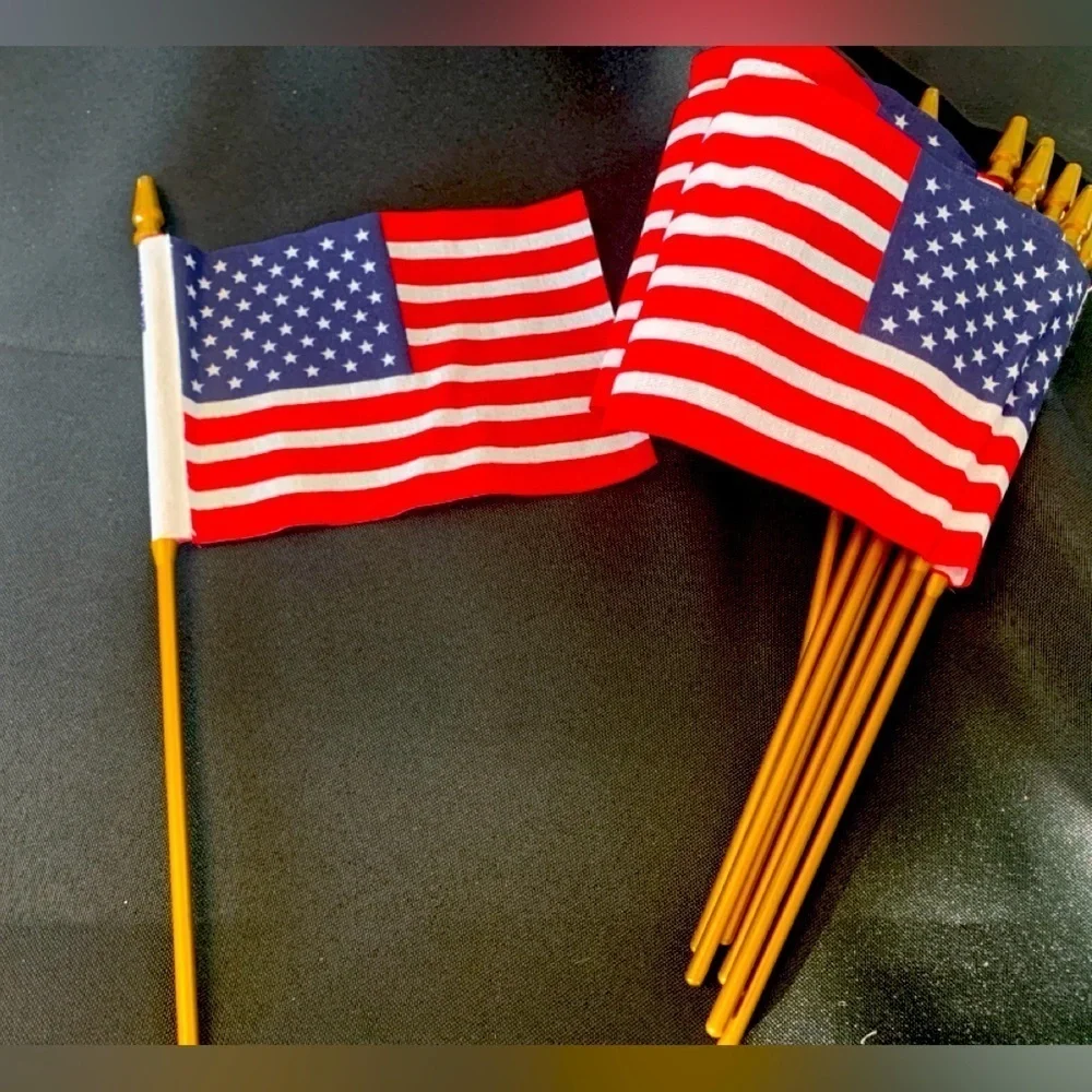 Small American Flags, 10” tall, plastic flag pole, cotton flag, 8 flags, NWOT